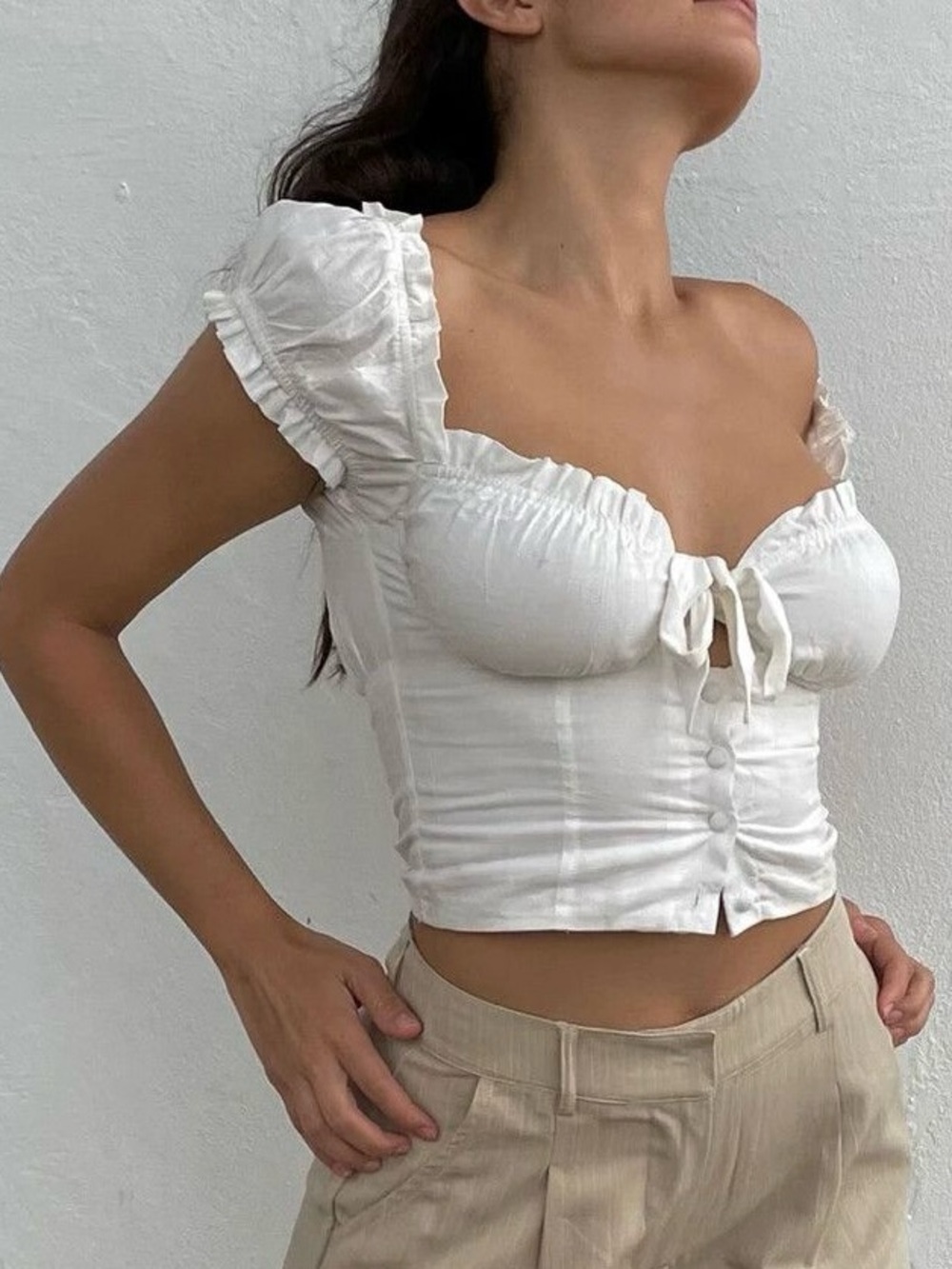 Princess Polly White Eyelet Puff Sleeve Ruched Button Front Crop Top Cottagecore